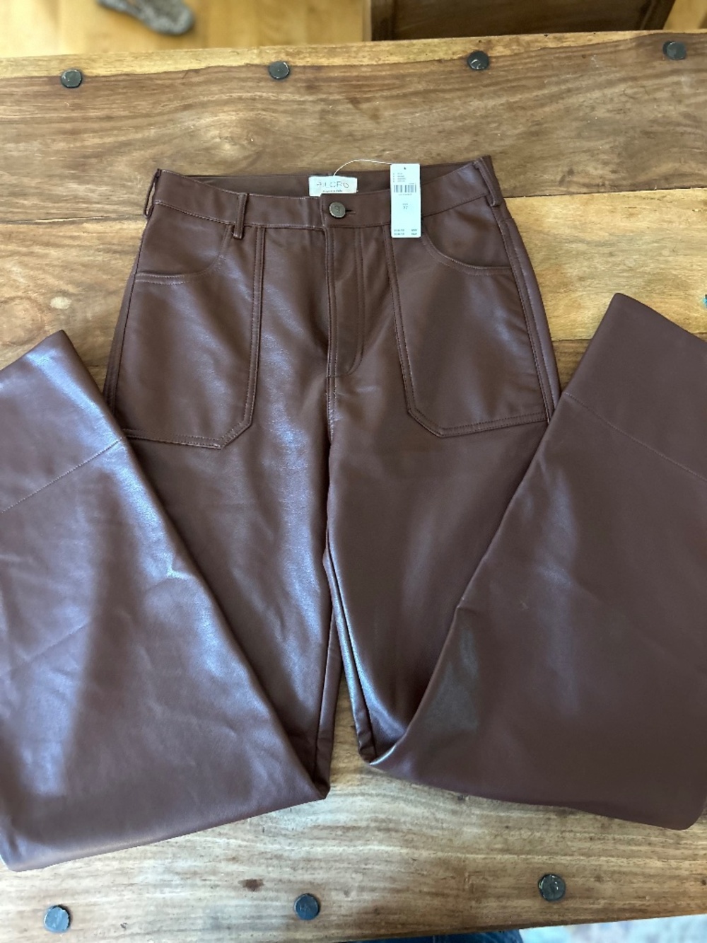 Pilcro Wide-Leg Faux Leather Pants in Dark Chestnut